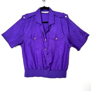 Vintage 90’s Crinkly Retro Royal Purple Military Safari Blouse Bold Eclectic